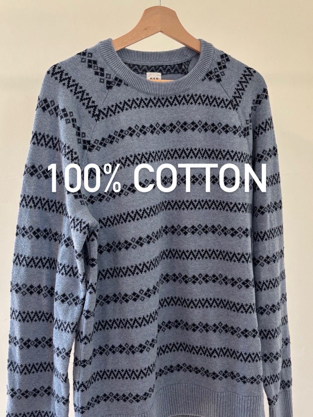 GAP Pale Blue Crewneck Sweater with Black Fair Isle Stripes | 100% Cotton | L